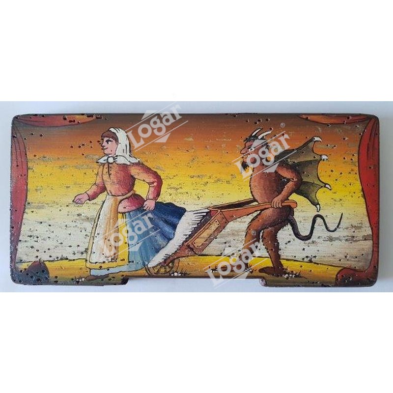 Painted beehive panel - A devil wheeling woman′s knickers