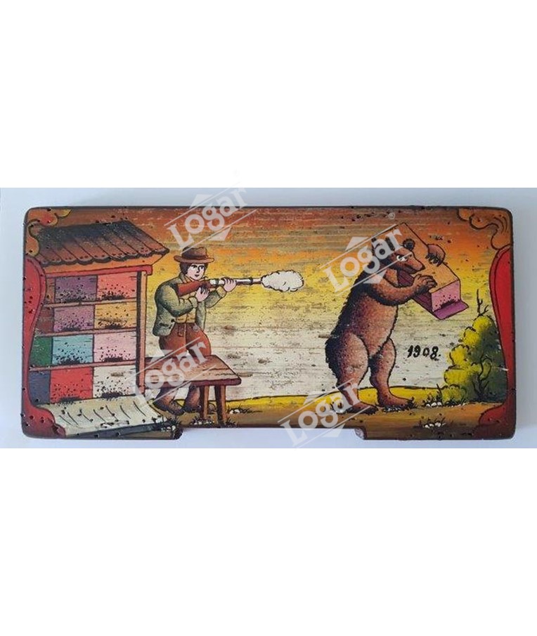 Painted beehive panel - A bear stealing a beehive