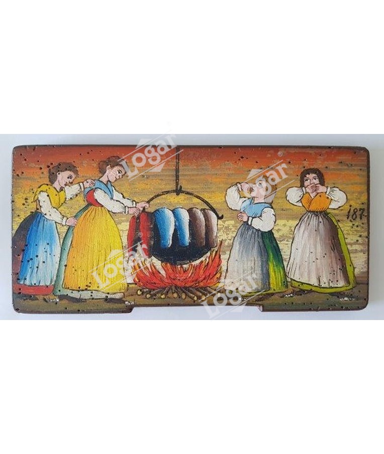 Painted beehive panel - Women cooking a soup of trousers
